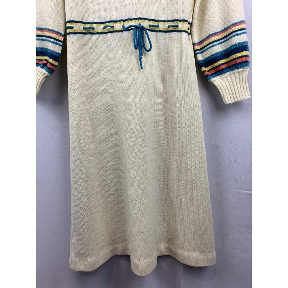 Vintage Cream Knit Dress With Striped Sleeves & Turtleneck - Picture 3 of 6